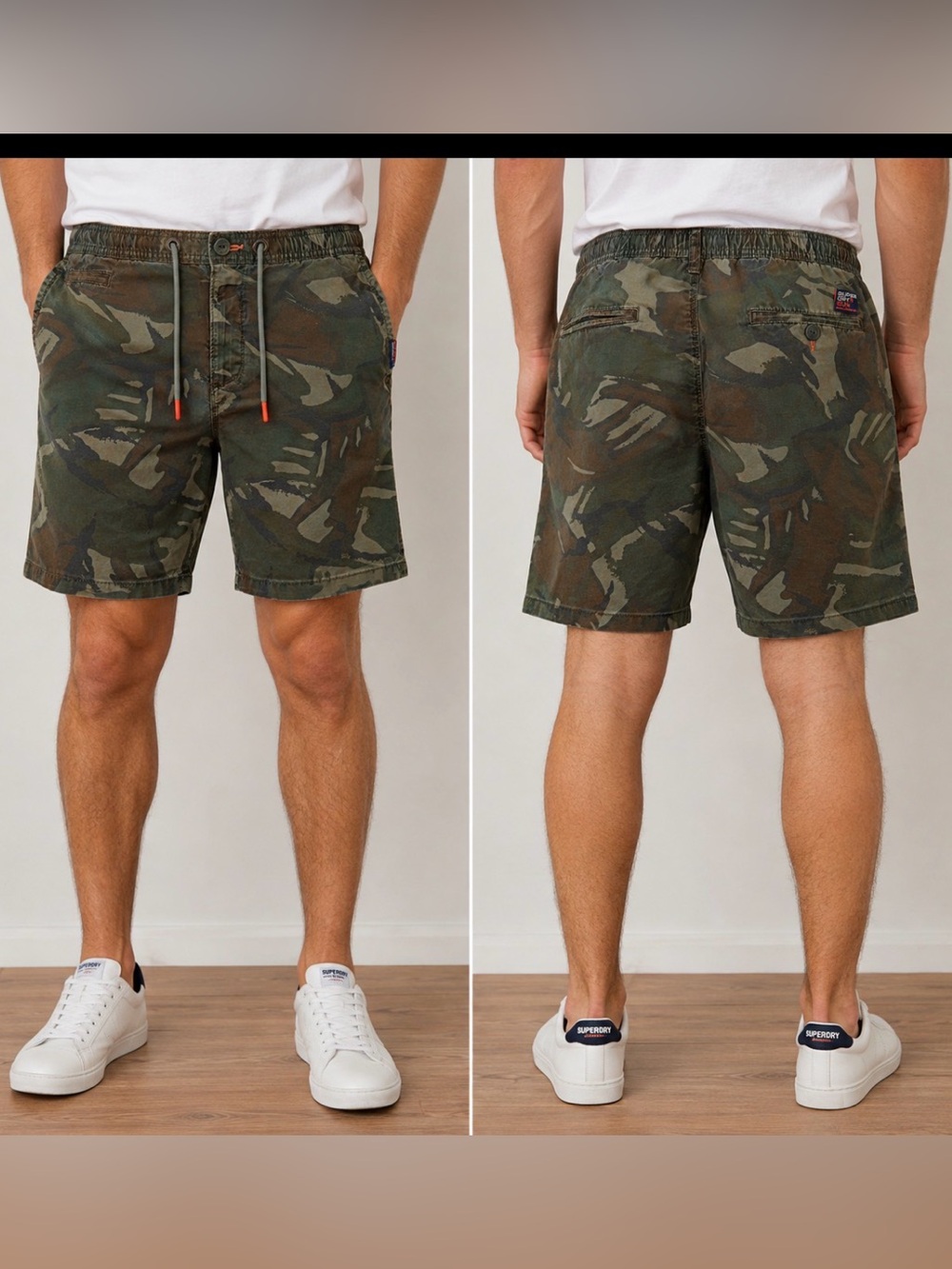 Superdry Sun Scorched Camo Chino Shorts Men’s 38W Olive Green Drawstring Cotton